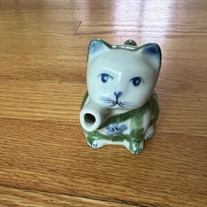 Andrea by Sadek Cat Mini Creamer Green Plaid Blue Flowers Porcelain Ceramic 2.5"